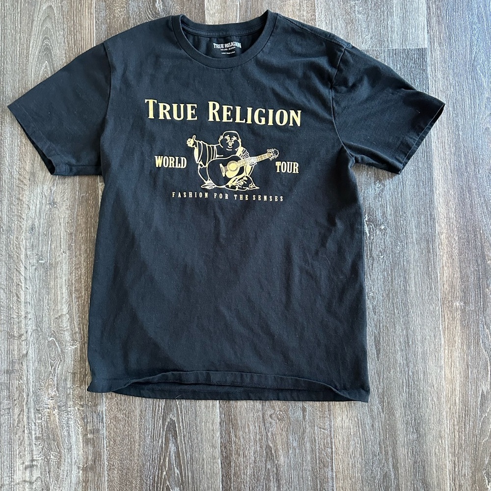 True Religion Black Short Sleeve Tee with Buddha Graphic